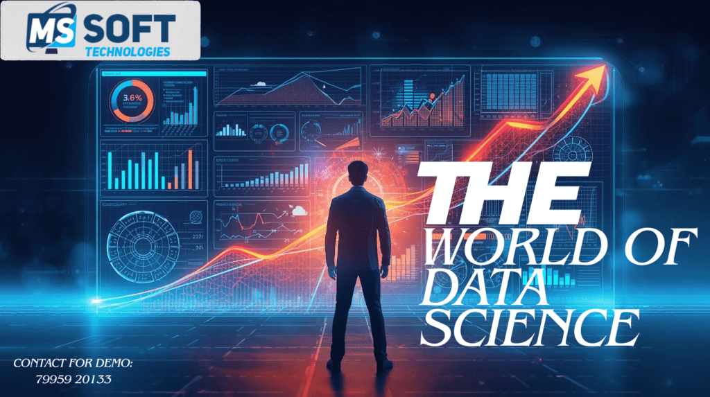 Data Science illustration showing graphs, analytics, and machine learning elements